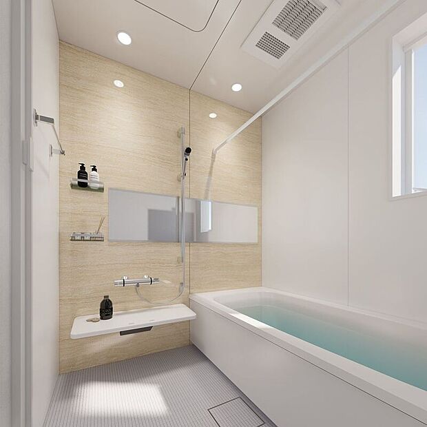 【完成予想図（内観）】■1号地バス（パース）ライトブラウンで統一された浴室は清潔感とスタイリッシュさを兼ね備えた空間となっています。ワイドミラーは空間に奥行きをもたらし、広々とした印象を与えてくれます。