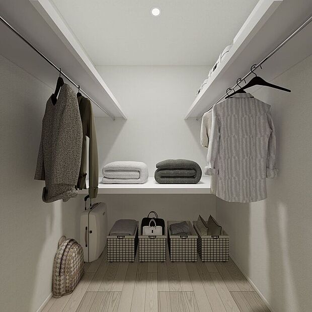 【完成予想図（内観）】■1号地ファミリークローク（パース）ファミリークロークは家族全員の衣類や季節用品、日用品などを一括で収納できるスペースです。整理整頓や衣替えも効率的に行えるのが魅力です。