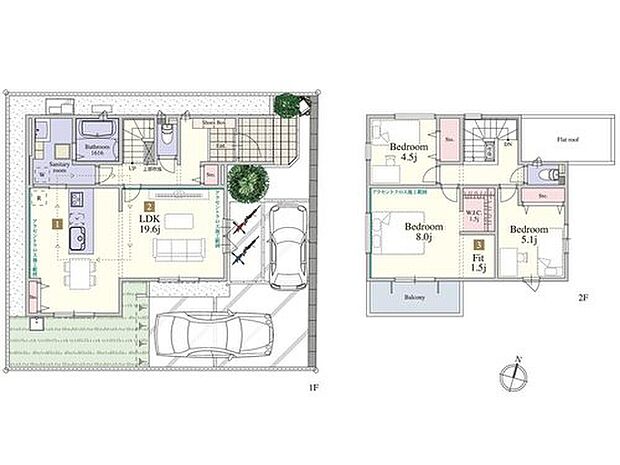 【2号棟】
19.6帖のLDKから直通のサニタリールームは、玄関ホールからの動線もスムーズなプランです。Fit(フィット)は主寝室に設けて、お好みのカスタマイズが可能な空間です。