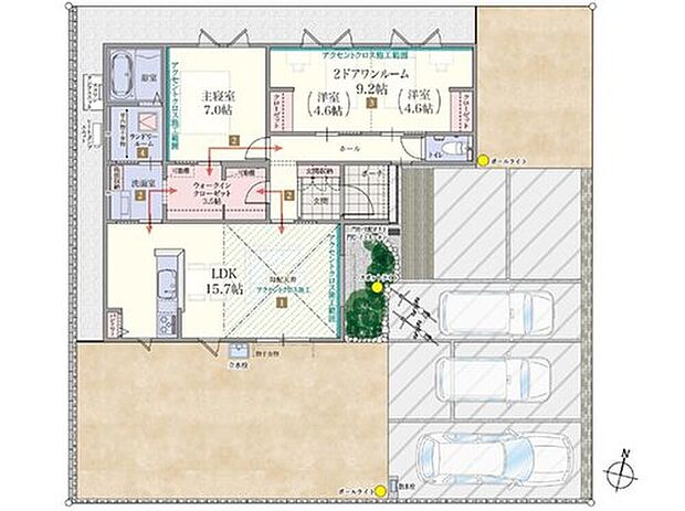 【3号棟】
ワンフロアでスムーズな動線計画を実現した平屋住まい。
ランドリールームや大型ウォークスルークローゼットなど魅力たっぷりなプランです。