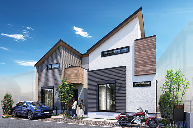 【上質感を醸し出す2邸】ストレートなラインで構成されたシャープなシルエット。統一感を持ちながらもサイディングの張り分けで個性を演出し、互いを引き立てるように交差し合う2邸の外観デザイン。