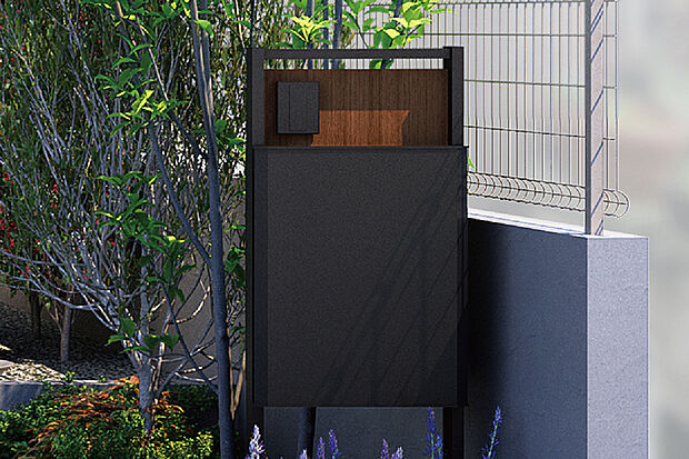 【【宅配ボックス付機能門柱】】スッキリとしたデザインで、不在時に便利な宅配ボックスを装備しています。