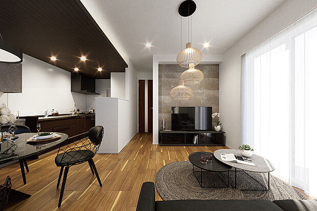 【【PLAN01:白華の彩】】洗練された素材のコントラストと柔らかな間接照明の演出が相まって、スタイリッシュな意匠の中に、温もりが息づく空間を創り出しています。