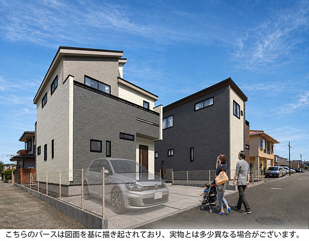 【完成予想図　北側より撮影】　2号棟側です。リビング20.25帖♪大島小まで徒歩11分、第六中まで徒歩11分！