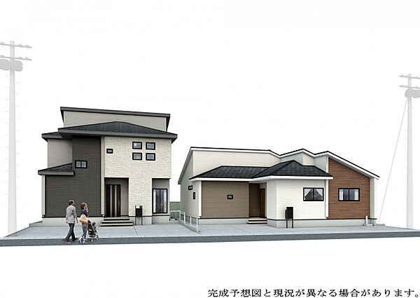 【外観完成予想図/左:2号棟（2階建て）/右:1号棟（平屋）】　開放感のある平屋＆可変型4LDKの2棟をご用意！太陽光パネル搭載で、環境と家計に配慮したエコな暮らしが叶います。