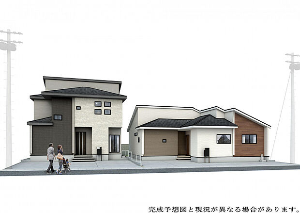 【外観完成予想図】　左:（2）号棟【2階建て】/右:（1）号棟【平屋】