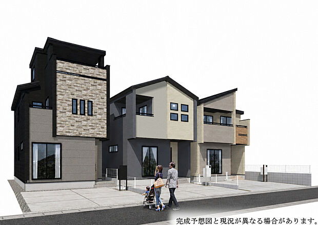 【完成予想図（画像左から1号棟・2号棟・3号棟）】　◇ブルーミングガーデン×共働きの家◇広々としたLDKに、ご家族に個室を振り分けやすい洋室をお備えた「3・4LDK」の住まいです。