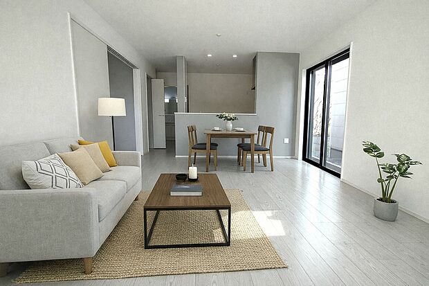 16.2帖のLDKは、リビング・ダイニング・キッチンが緩やかにつながる心地よい空間。大きな窓から光が差し込み、家族が自然と集まる、明るく開放的な暮らしの中心です♪(家具はCGイメージです。)