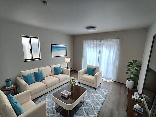 明るく開放感のあるリビング。対面式キッチンは、いつでもご家族を感じられる空間作りの重要ポイントになりそうです。※家具をCGで加工しています。家具付き販売ではございません。