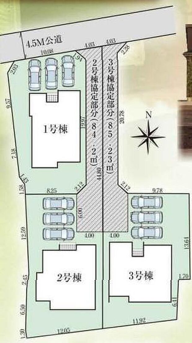 敷地７５坪超え！人気の平屋建て全３棟♪全棟南向きで通風採光良好です。カースペースはゆとりの３台駐車可能。駐輪場として、来客時や将来お子様も車を持たれた時など何かと重宝します。