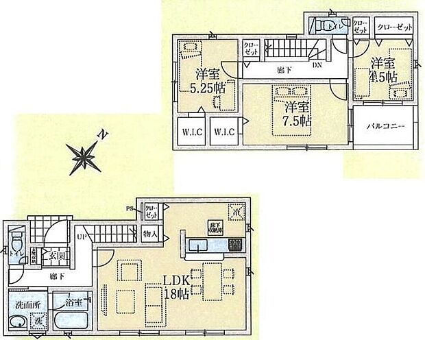 (1号棟)、3LDK、土地面積135.4m2、建物面積90.72m2