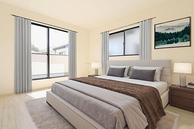 【洋室】大きなベッドを置いてもゆとりのある広さ!収納完備しておりますので、家具が少なく済みます!お掃除もラクラクですね♪※家具をCGで加工しています。家具付き販売ではございません。