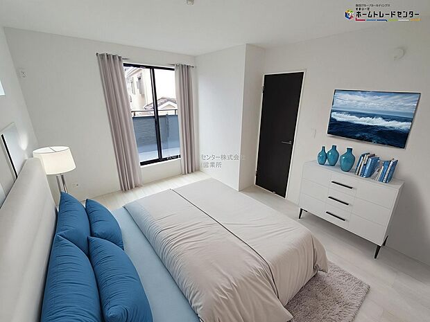 【洋室】大きなベッドを置いてもゆとりのある広さ!収納完備しておりますので、家具が少なく済みます!お掃除もラクラクですね♪※家具をCGで加工しています。家具付き販売ではございません。