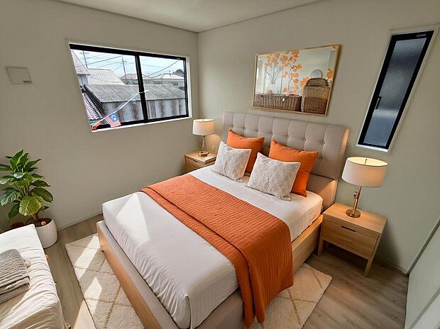 【主寝室】大きなベッドを置いてもゆとりのある広さ！収納完備しておりますので、家具が少なく済みます！お掃除もラクラクですね♪※家具をCGで加工しています。家具付き販売ではございません。
