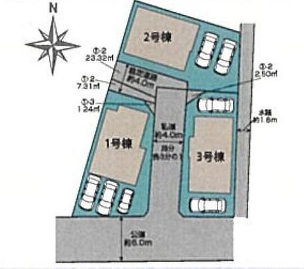 【全体区画図】JR川越線「西川越」駅徒歩１８分♪通風採光良好の南向き全３棟です。毎日の通勤通学やお買い物に大変便利な好立地！カースペースは２台分（１号棟は３台※軽自動車１台）ご用意いたしました♪