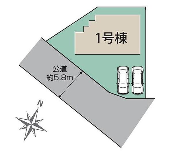 【全体区画図】ゆとりの敷地５０坪♪通風採光良好の南向き♪カースペースは並列２台分あり、駐輪場や来客用の駐車スペースとしてもお使いいただけます。前面道路も広いのでお車の出し入れもストレスなく行えます。