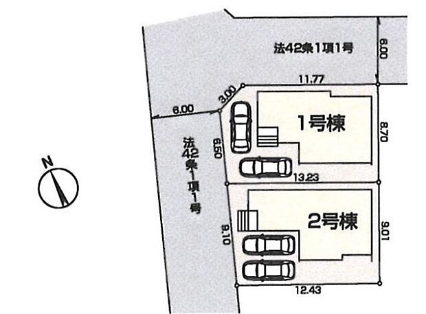 【全体区画図】北東×北西側を公道に挟まれた角地♪２駅２路線利用可能です。カースペース２台分ございますので、家族分の自転車を駐輪したり、来客用の駐車スペースとしてもお使いいただけます。

