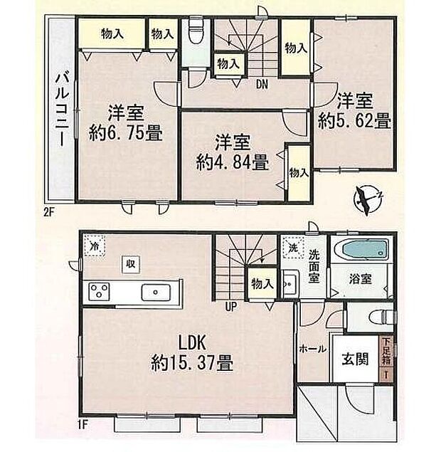 【3LDK】ご家族との自然なコミュニケーションが生まれるリビングイン階段を採用!暖かい光が降り注ぐ、温もりあふれるお住まいです☆リビング収納・2階ホール収納付きで収納も豊富です♪