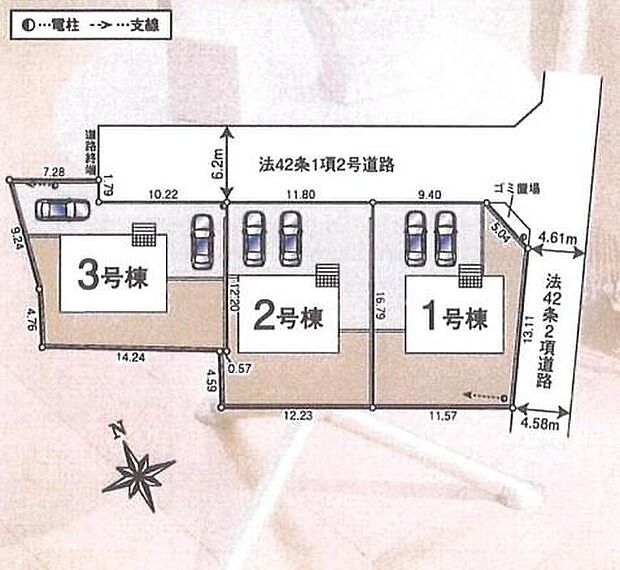 【全体区画図】敷地６０坪超え開放的な南向き全３棟！南庭付きの理想的なお住まいです。日当たりの良さは申し分ありません。どのお部屋も採光良好で風通しの良い快適な空間となっております♪