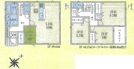 （建物面積に別途ルーフバルコニー約4.86m2有り）
南～東からの陽射しをたっぷり取り込むので日照時間が長く、部屋全体が明るく暖かくなります。ご家族それぞれお好みのお部屋でおくつろぎいただけますね♪ 