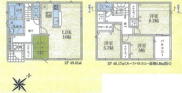 【3LDK】(建物面積に別途ルーフバルコニー約4.86m2有り)
南~東からの陽射しをたっぷり取り込むので日照時間が長く、部屋全体が明るく暖かくなります。ご家族それぞれお好みのお部屋でおくつろぎいただけますね♪