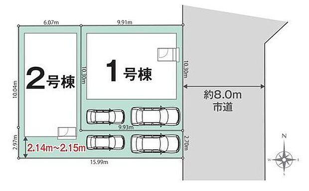 【全体区画図】通風採光良好な南向き全2棟♪前面道路は8mと開放的です。カースペース2台分完備!家族分の自転車を駐輪したり、来客用の駐車スペースとしてもお使いいただけます。
