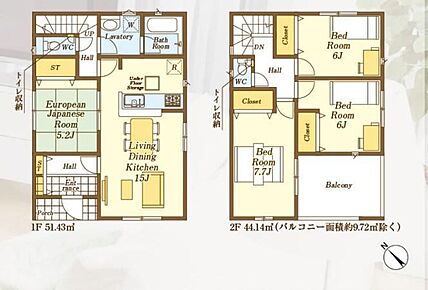 (延床面積:バルコニー面積約9.72m2を除く)２階居室は全室６帖以上！成長につれて増えてくるお子様の荷物も、気にすること無くのびのびとしたお部屋を用意してあげられますね♪ 