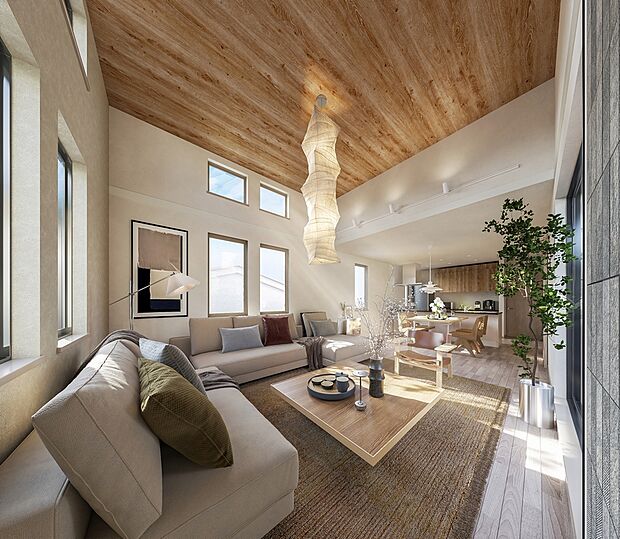 【2号棟完成予想CG】全邸、建物面積100m2以上。20帖以※のリビング・ダイニング・キッチンや豊かな収納空間が生まれました。※7棟中6棟:7号棟のみ約18.4帖