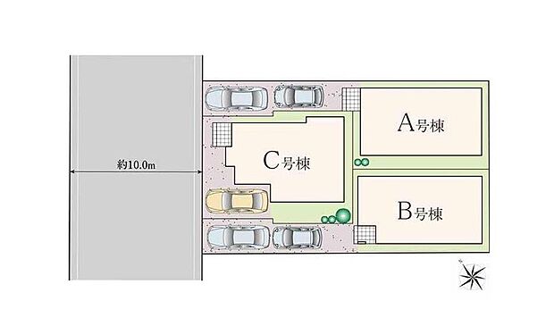 ≪区画図≫
前道が10ｍあるので、車庫入れが苦手な方でも安心して入れられます。
嬉しいコンクリート仕上げのカースペース。雨の日も足元を気にせず外出できます。