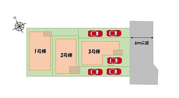 ≪全体区画図≫
カースペース１～２台分ございます！
前面道路は6ｍとゆとりの広さで駐車もしやすいです♪