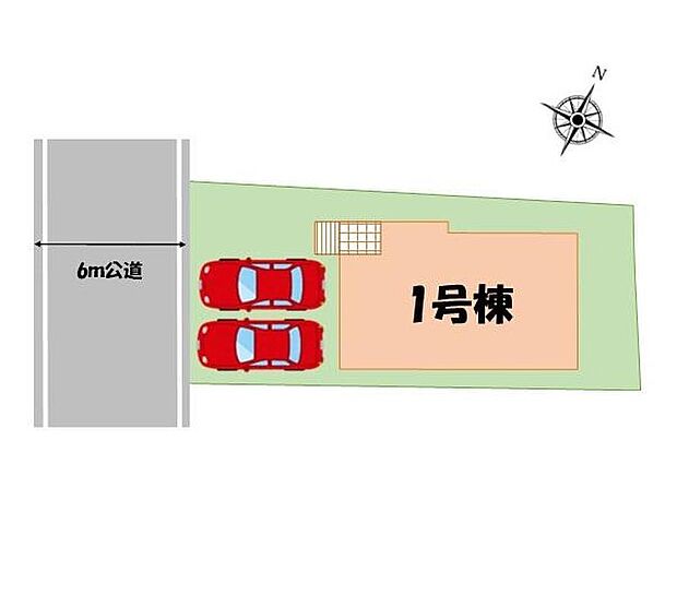 ≪全体区画図≫
車種により並列駐車お車2台分のスペースを確保いたしました。前面道路は6ｍとゆとりがあるので、お車の出し入れもらくらくです♪