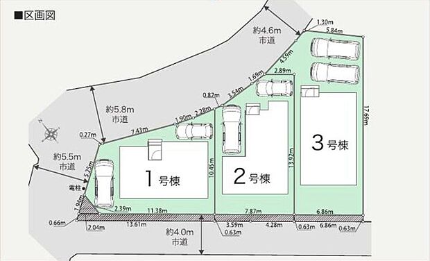 ≪全体区画図≫
全3棟販売開始!各棟カースペース2台分ございますので、家族分の自転車を駐輪したり、来客用の駐車スペースとしてもお使いいただけます♪