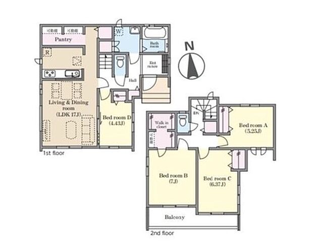 【4LDK】●全室南向きの陽光溢れるお住まい♪
●キッチン後部の可動棚の付きのパントリー＋収納で、スマートな空間が叶います♪
●主寝室の大容量WICは、仕切りや可動棚が付きでご夫婦で分けて使いやすい設計！