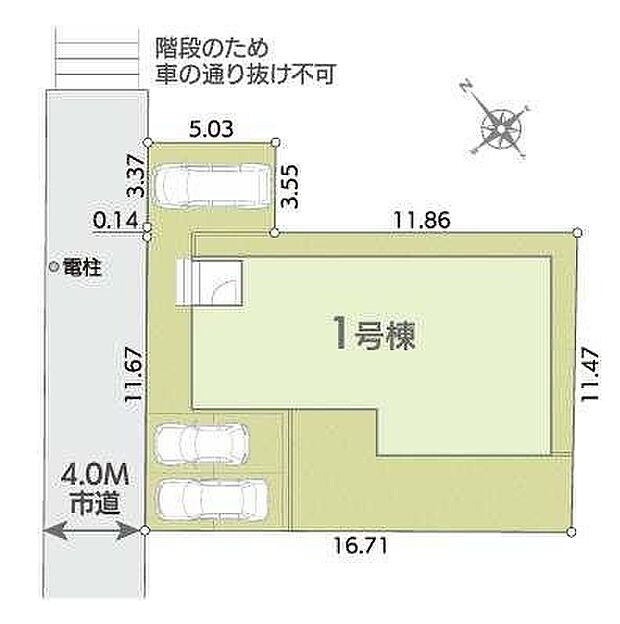 【全体区画図】駐車スペース３台分確保！（車種による）