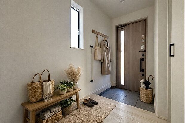 【玄関】窓のある玄関ホールは明るく気持ちの良い空間。鏡が室内の明かりや窓からの光を反射し、玄関に届けることで明るい雰囲気を演出します！※こちらはCGで画像を生成したイメージ画像になります。家具などは付いており