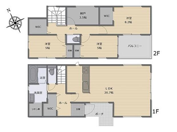【3LDK+S】玄関ホールには便利なWIC☆お出かけに必要な
物を収納すれば準備もスムーズに。リビングの
散らかりも防いでくれます◎2階居室にもWIC2か所
付きなので衣類の管理がラクに♪