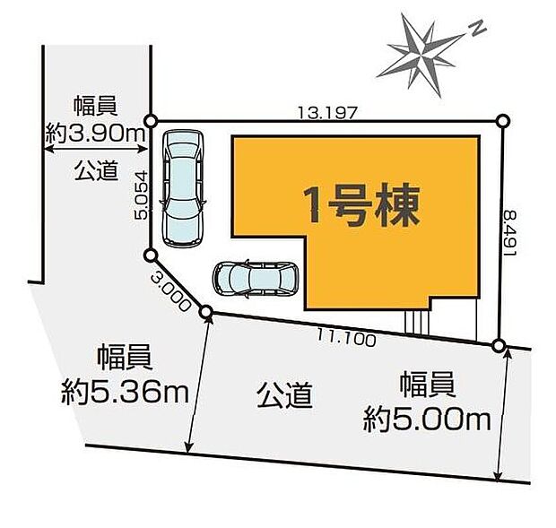 【全体区画図】お車2台分の駐車スペースをご用意いたしました！角地につき開放感があります。陽当りも良く温かな陽光がお部屋にたっぷり注ぎます♪
