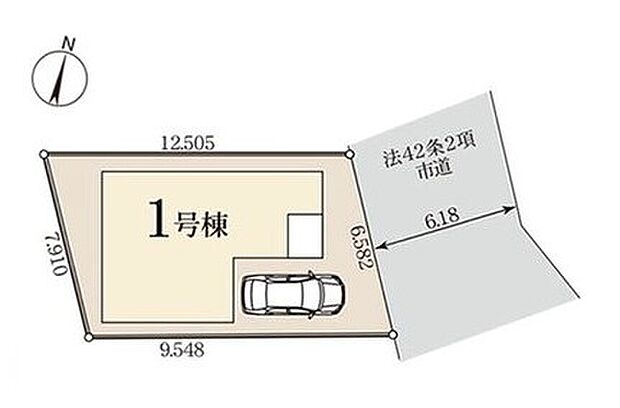 【全体区画図】前道が6ｍあるので、車庫入れが苦手な方でも安心して入れられます。
周辺は交通量の少ない生活道路なので小さなお子様を持つご家庭も安心です♪