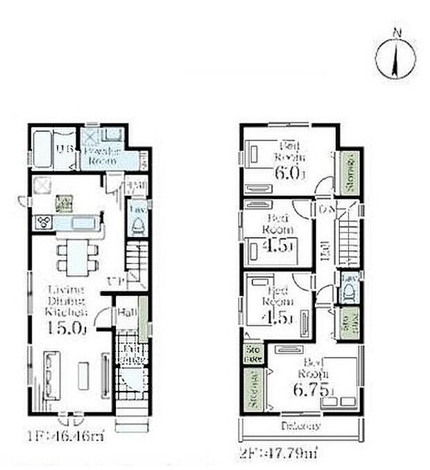 【4LDK】リビング15帖、ご家族でゆっくりくつろぎたい方に。
水回りがまとまっているので忙しい奥さんには嬉しい間取り。
ご家族のコミュニケーションを育むリビング階段を採用しています。