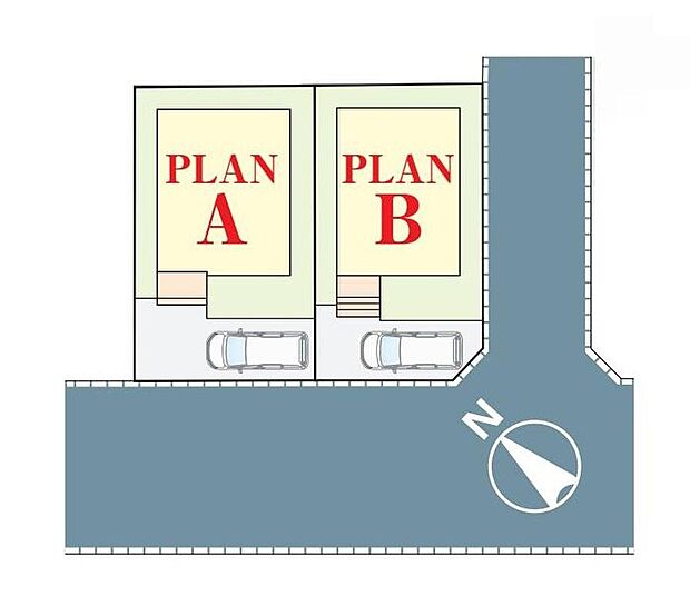 【全体区画図】前面の道路は8mとゆとりがあるので、お車の出し入れがスムーズです。空いたスペースにプランターを置いて季節の草花でお住まいを彩るのも素敵です♪