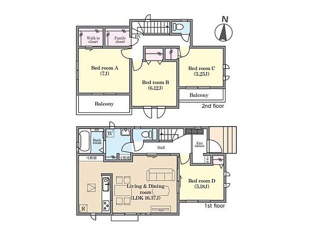 【4LDK】◇5帖超えの1階居室!ホールからも出入り可能なので急な来客時も重宝します♪
◇空間を有効活用できるキッチン横の可動棚で食品ストックもできます♪
◇家族の衣類や季節物などたっぷり収納できる2階のFC♪