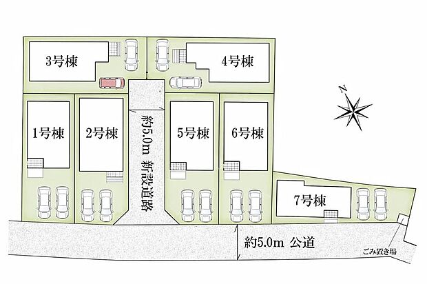 【全体区画図】暮らしやすさを追求した全7棟☆
カースペース2台分（車種による）ご用意しています！
急な来客時も安心です♪