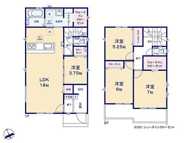 【4LDK】汚れが気になるものもそのまま収納できるSIC♪
洗面室には作業ができるカウンターと洋服もたっぷり収納できるWICを設置♪