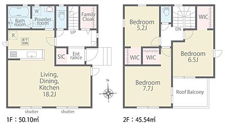 2階に居室をまとめてプライベートの時間も充実♪
全室にWIC付きで家族それぞれの衣類をたっぷり収納◎
玄関にはSIC、ファミリークローク付きで荷物を
持ち込まずリビングの散らかりを防ぎます☆ 