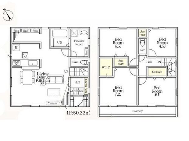 【4LDK】2階に居室をまとめてプライベートの時間も充実♪
家族が自然と顔を会わせるリビングイン階段を採用◎
キッチンには大容量パントリー付き。食材はもちろん
家電や防災備蓄品を収納出来ます！