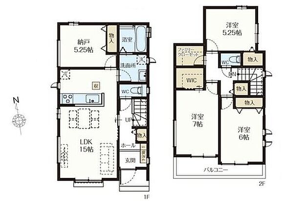 【3LDK+S】キッチン直結約5帖の大型納戸付きで収納力抜群♪
水回りがまとまった家事動線の良い間取り設計☆毎日の家事もスムーズ♪
カースペース2台駐車可能でファミリー層にも安心♪（車種による）