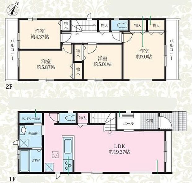 【4LDK】◇家族がゆったり過ごせる広々19.37帖LDK！家具やインテリアのレイアウトの幅が広がりそうです♪
◇忙しい朝もスムーズな家事動線の水回り集約設計☆
◇洗濯用品や日用品収納に便利なランドリー収納♪