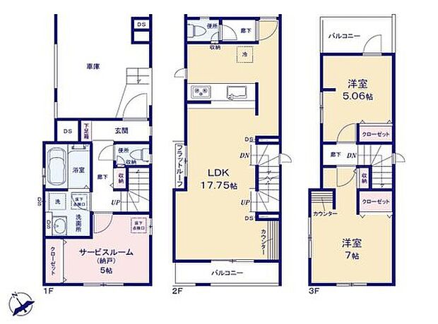 【2LDK+S】☆道路からの視線が気にならない2階リビングの3階建て☆
ビルトインガレージから玄関に入ることができ、お買物後の荷物運び入れもスムーズに◎
2面バルコニーは洗濯物とガーデニングを分けて使うのもおススメ。