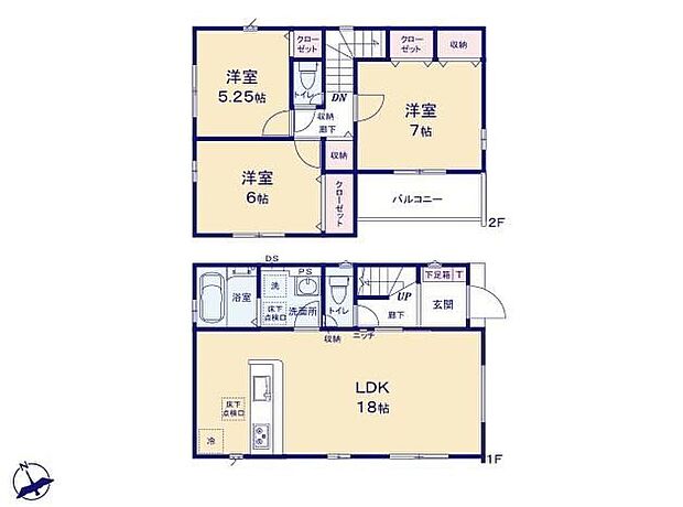 【3LDK】●広々18帖のLDK！対面キッチンからはLDK全体を見渡せます♪●家事効率の良い水回り集中プラン♪●全居室収納完備なので、お部屋がスッキリ片付きます♪