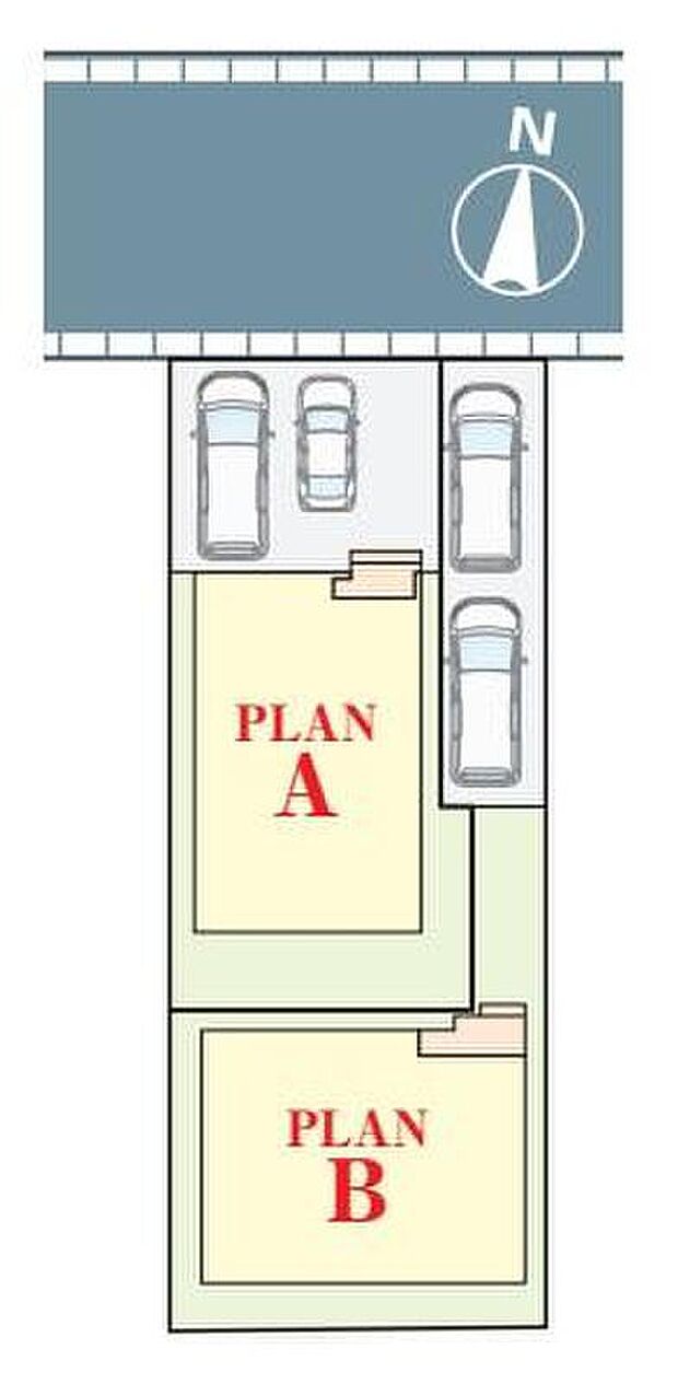 【全体区画図】北側は幅員8m、、車庫入れが苦手な方でも余裕をもって安心して入れられます。